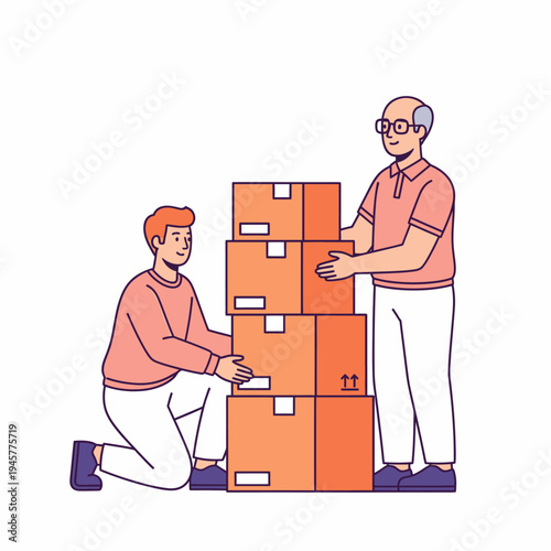 Two men, one young and one older, stacking cardboard boxes together, illustrating teamwork and moving.