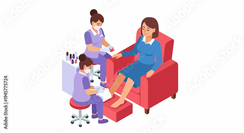 Woman receiving manicure and pedicure services from two technicians in a beauty salon.