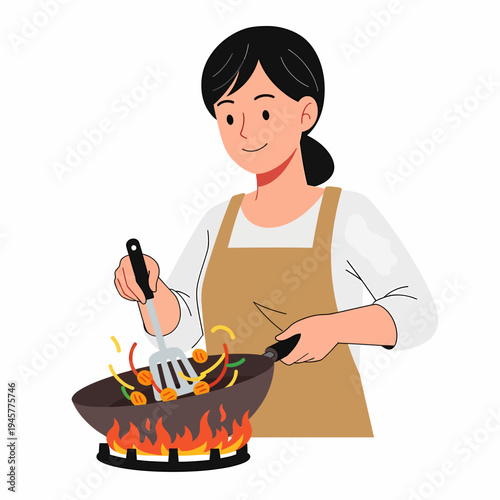 Smiling woman in apron stir-frying vegetables in a wok over a gas stove.