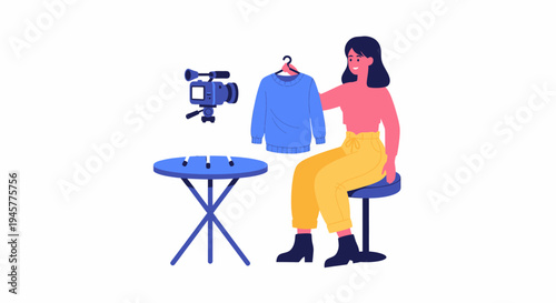 Woman creating content for social media, holding a sweater while a camera records, possibly for a fashion haul or product review.