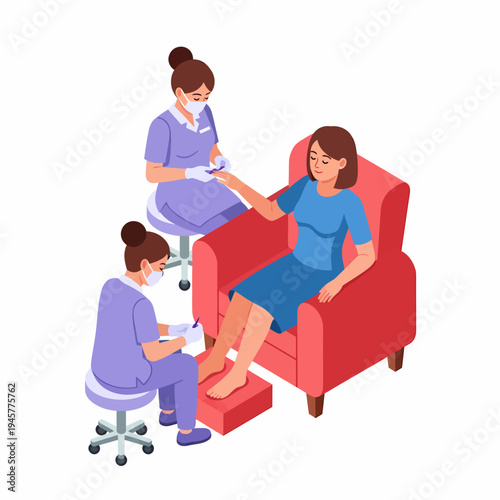 A woman receiving a manicure and pedicure from two beauticians in a salon.