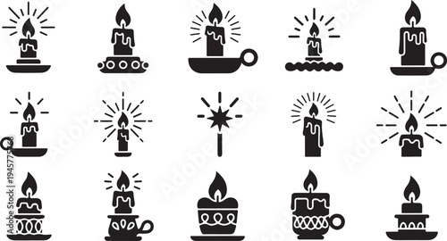 Black and white candle icons with various flame designs