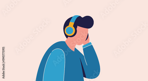 Young Man Character Wearing Headphones Listening To Music Relaxing Concept