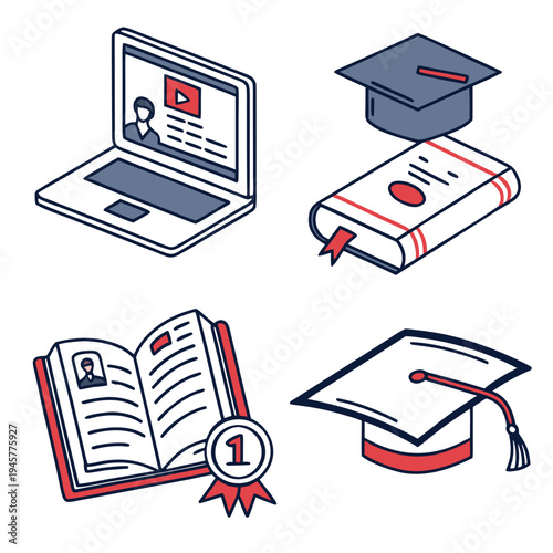 Online education and graduation icons. e-learning, academic success, remote stud