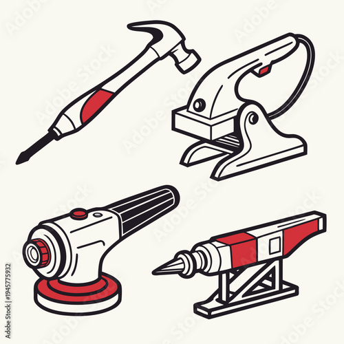 Construction and hand tools icon set. hammer, punch, polisher, glue gun