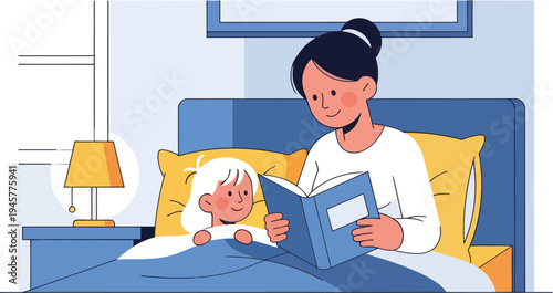 Mother Reading A Bedtime Story Book To Her Young Child