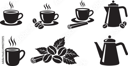 Coffee Time Silhouette Icons Set with Cups and Beans