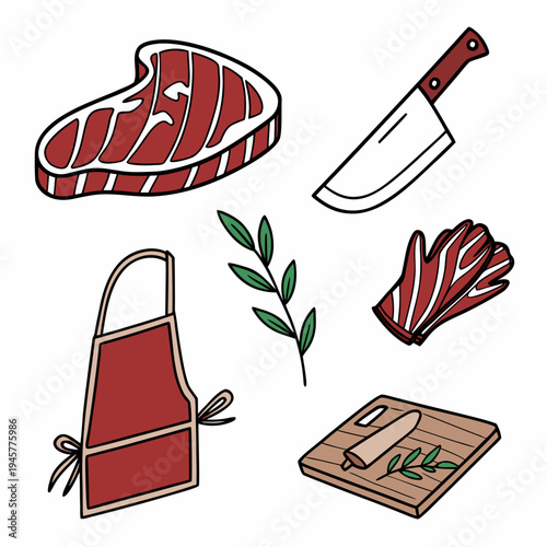 Butcher shop essentials isometric icons - meat preparation and cooking vector