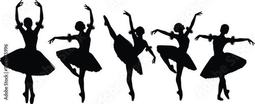 Ballet dancer silhouettes collection showing graceful ballerina poses and classical dance movements, elegant female ballet performance isolated on white background performing arts set