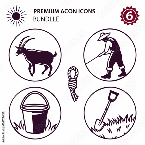 Agriculture farm icons bundle - rural life, tools, and animals vector set
