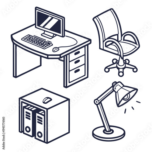 Office furniture icons bundle - workspace, desk, chair and equipment set