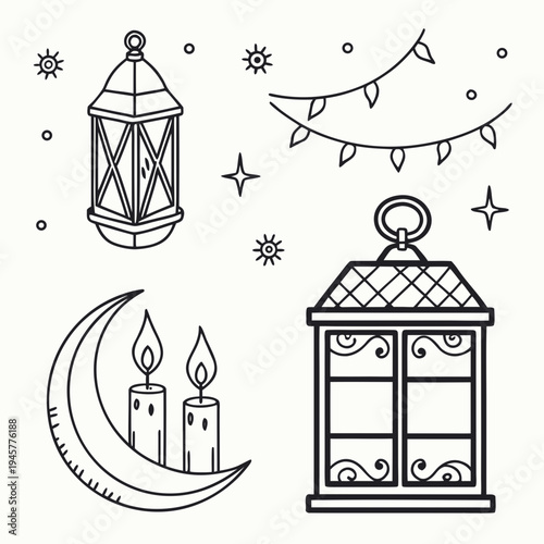 Ramadan kareem islamic lantern and moon icons - eid mubarak decoration set