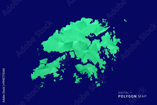 Hong Kong Map - low poly polygon vector, geometric triangulated silhouette in green and blue tones, clean modern style, isolated background for infographic use.