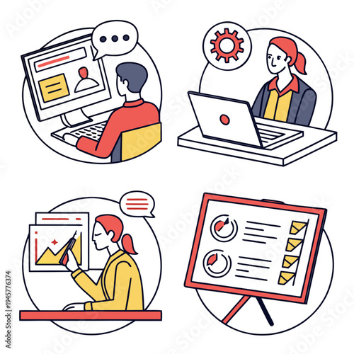 Business communication and data analysis icons vector set