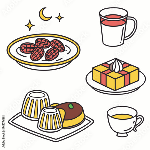 Ramadan eid desserts and drinks icon set with crescent moon