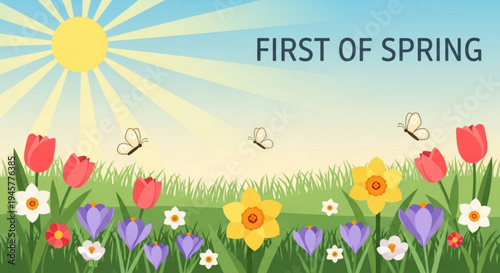 Vibrant spring flowers bloom under sunny sky with butterflies symbolizing renewal and nature's beauty in a lush green meadow