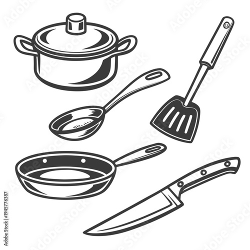 Vintage kitchen utensils black and white icon set for cooking design