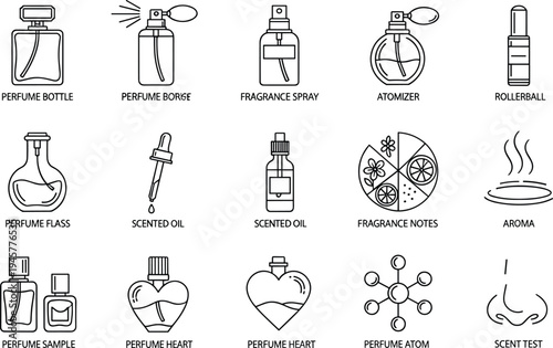 Perfume icons, fragrance spray, atomizer, rollerball, scented oil, aroma, perfume sample, perfume heart, scent test, perfume bottle, fragrance notes