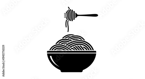 Black Silhouette of Spaghetti in Bowl with Fork Twirling Pasta