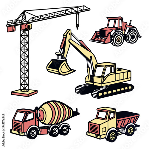 Colorful hand drawn construction vehicles and heavy equipment set