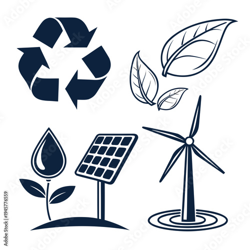 Eco-friendly green energy and nature outline icon set