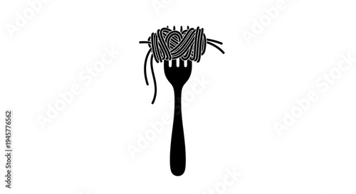Black silhouette of spaghetti wrapped on fork isolated on white
