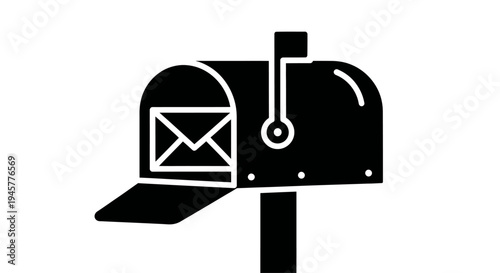 Open Black Mailbox with Mail Inside on White Background