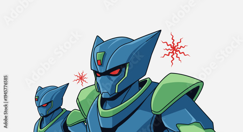Two blue and green armored robot characters with red eyes on a light background.