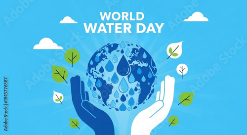 Hands holding earth globe with water droplets on world water day surrounded by leaves and clouds