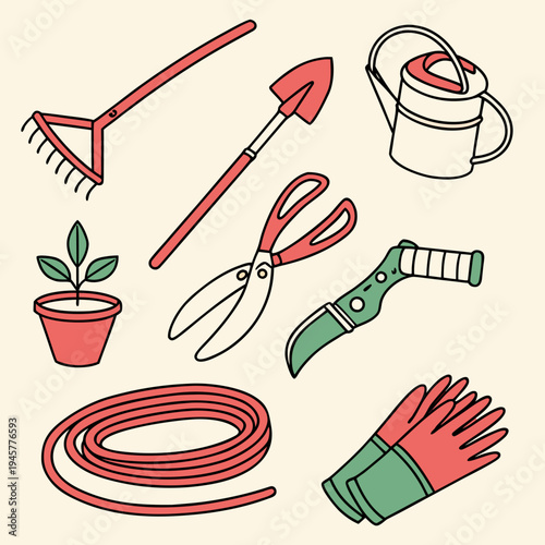 Colorful hand drawn gardening tools and accessories set