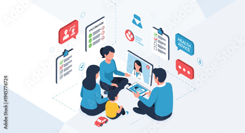 A family of three engages in a video consultation with a doctor on a tablet.