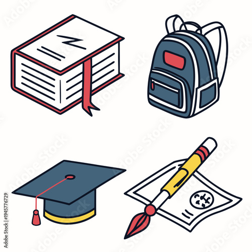 Back to school education icon set with graduation cap and backpack