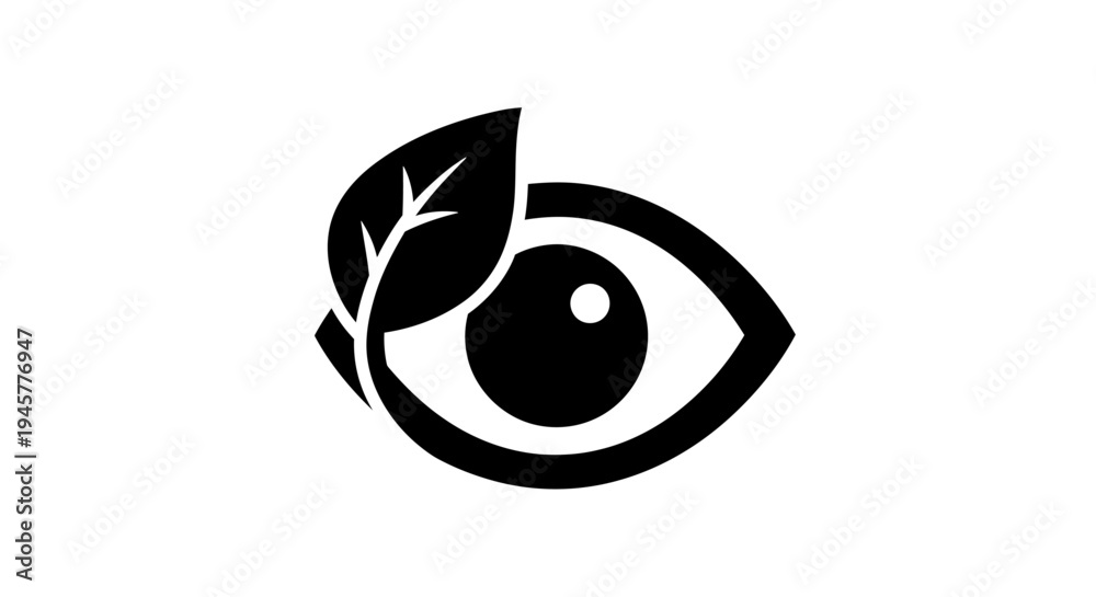 Obraz premium Black Eye Icon with Leaf Symbolizing Vision and Nature
