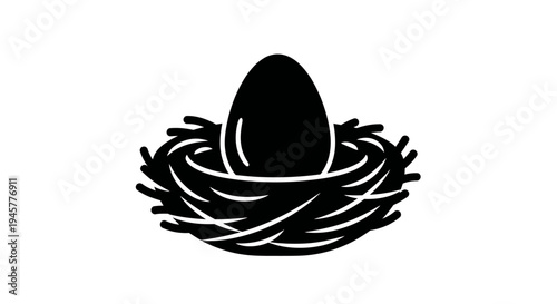 Simple Black Icon of Egg in Nest on White Background