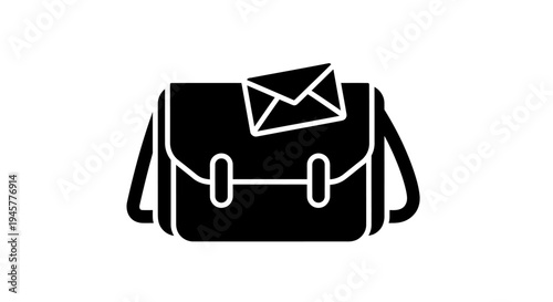 Black Messenger Bag Icon with Envelope on White Background