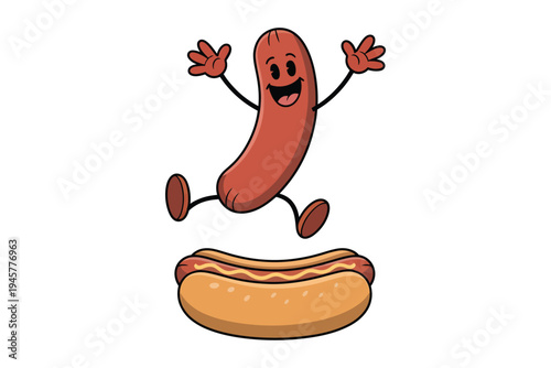 A cheerful cartoon hot dog character jumps towards a fully dressed hot dog ideal for playful designs on transparent background.