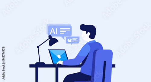 A man works on a laptop with AI chat bubbles under a desk lamp.