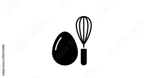 Black and White Icon of Egg with Whisk Kitchen Tool