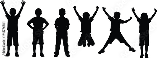 Black Silhouettes of Happy Children Jumping and Playing Together in a Row Isolated on White Background for Youthful Celebration Diversity and Childhood Success Concepts