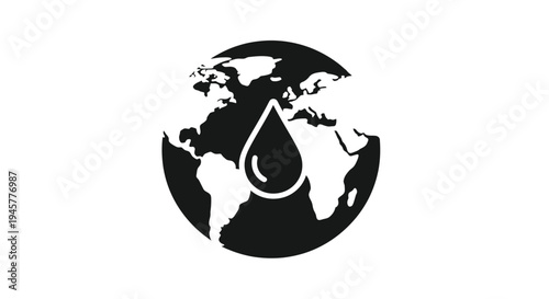 Black Water Drop Icon with Globe Representing Global Water Conservation