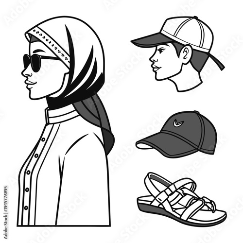 Muslim woman, man, and caps icons