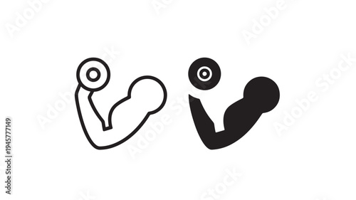 Biceps arm icons with dumbbell, one outlined and one solid black silhouette, representing strength training.