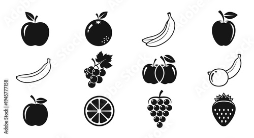 Black and white fruit icons representing healthy eating and dietary choices, simple vector design