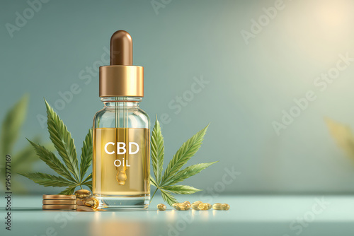 CBD Oil Dropper Bottle with Hemp Leaves and Capsules Natural Cannabidiol Product