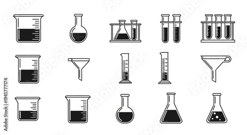 Black and white laboratory glassware icons for science, experiment, and chemical analysis