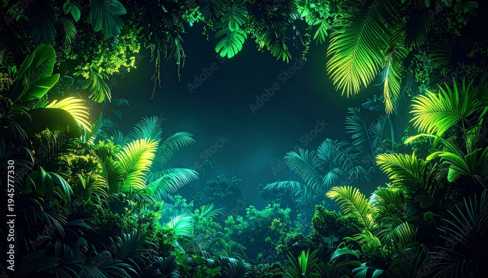 Naklejka premium Digital Jungle Canopy With Glowing Green and Yellow Pixelated Foliage at Night