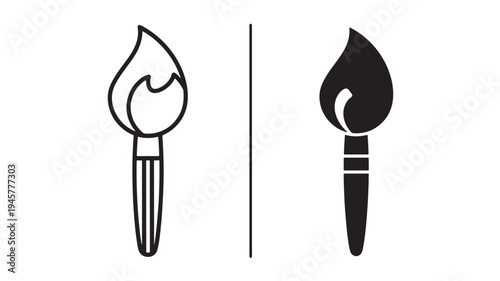 Torches icon with a flame in outline and silhouette styles side by side featuring torch, fire, symbol with pictogram and graphic elements for design,
