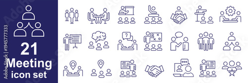 Meeting thin line icons set. Business meeting, seminar, conference, interview icon. Editable stroke. Vector