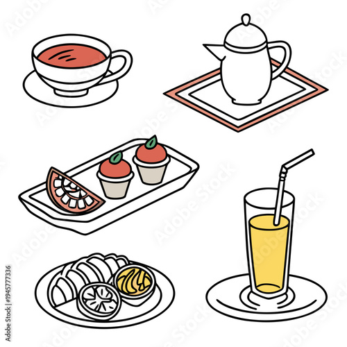 Breakfast and drinks icons: tea, coffee, juice, croissants, fruit