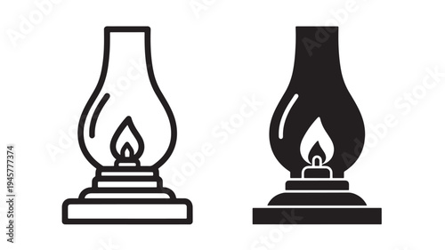 Lamp kerosene vintage icon with flame and base, represented in outline and solid black styles for diverse design needs.